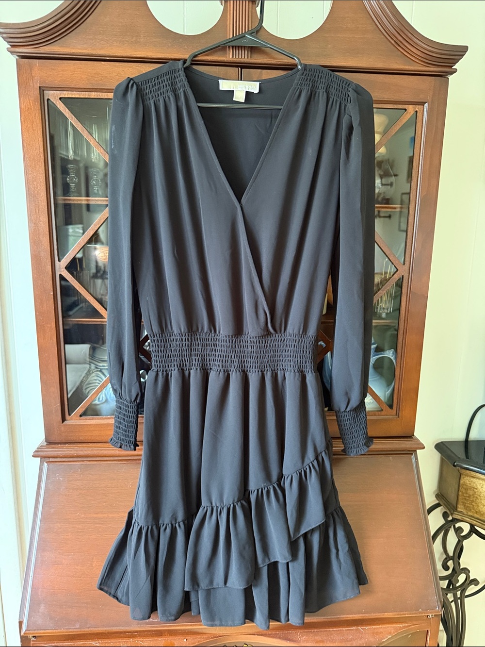 Michael Kors Black Long-Sleeve Smocked Waist Ruffle Dress
